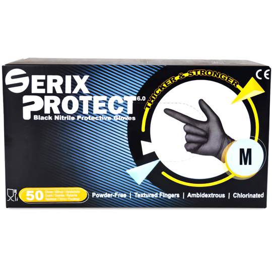 Manusi nitril Negre nepudrate, grosime 6.0G, marimea M - Serix Protect (50 bucati)