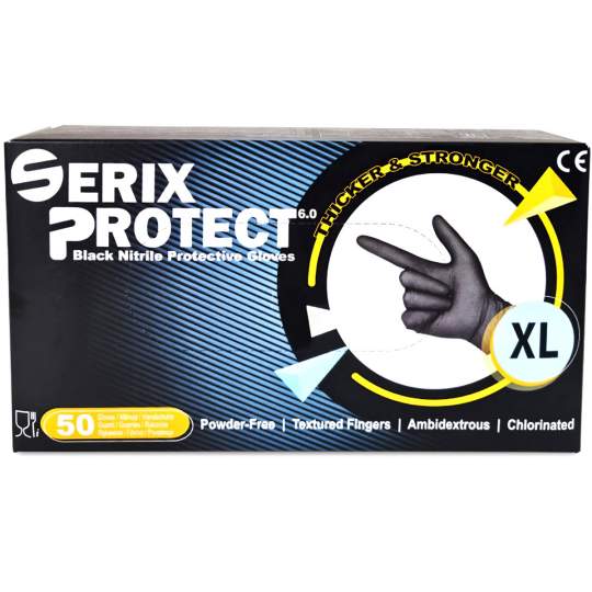 Manusi nitril Negre nepudrate, grosime 6.0G, marimea XL - Serix Protect (50 bucati)