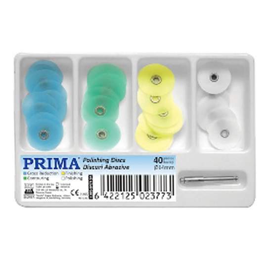 Discuri finisare si lustruire 14mm, mandrina metalica, albastru (finisare grosiera), verde (conturare), galben (finisare), alb (lustruire) (40 bucati)