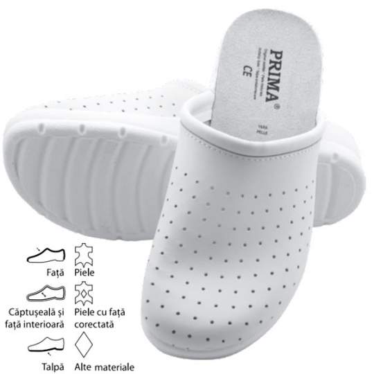 Saboti albi piele, perforati, talpa antiderapanta, CE mark, marimi 41-46