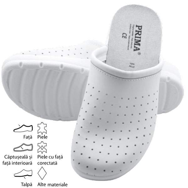 Saboti albi piele, perforati, talpa antiderapanta, CE mark, marimi 35-40