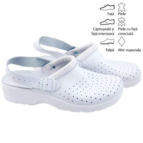 Saboti cu bareta reglabila, albi, piele perforata, talpa antiderapanta, marimi 41-46 (1per.) Saboti cu bareta reglabila, albi, piele perforata, talpa antiderapanta, marimi 41-46 (1per.)