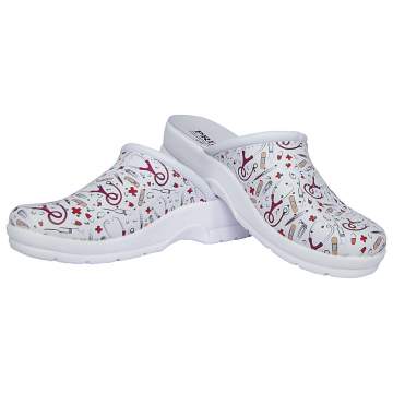 Saboti piele-model stetoscop si seringi pe fundal alb, perforati, talpa antiderapanta, marime 42-45 (1 pereche)