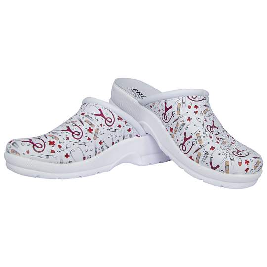 Saboti piele-model stetoscop si seringi pe fundal alb, perforati, talpa antiderapanta, marime 35-41 (1 pereche)