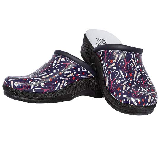 Saboti piele-model stetoscop si seringi pe fundal albastru, perforati, talpa antiderapanta, marime 35-41 (1 pereche)
