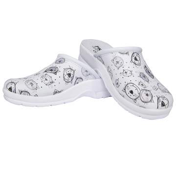 Saboti piele veterinar model pisicute pe fundal alb, perforati, talpa antiderapanta, marime 42-44 (1 pereche)