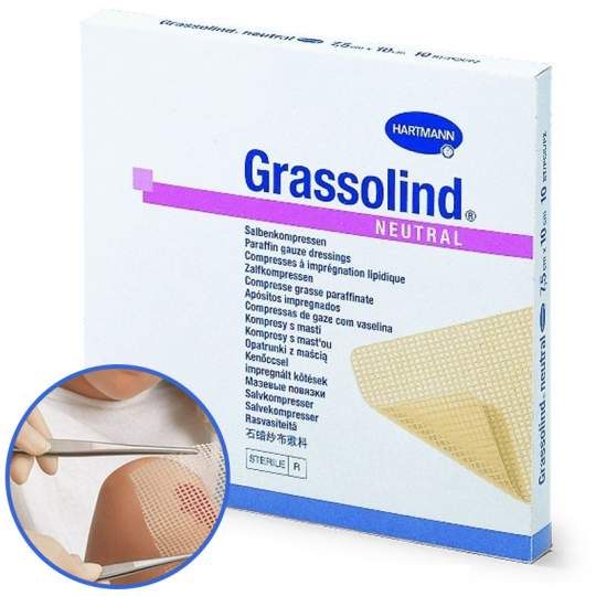 Comprese impregnate cu substanta grasa (anhidra), pentru plagi, sterile, 75x100mm, Grassolind - Hartmann (10 bucati)