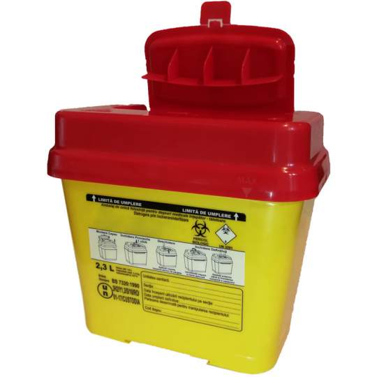 Recipient 2,3 litri, plastic, cu capac  inchidere definitiva, depozitare deseuri medicale intepatoare / taioase (1 bucata)