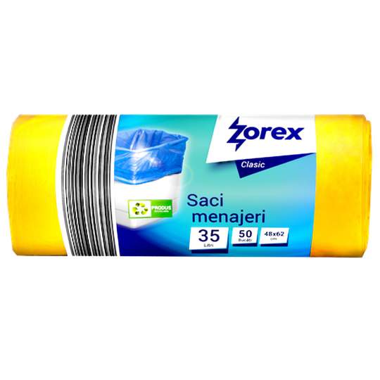 Saci menajeri 35L Zorex Clasic, galbeni, 48 x 62 cm, 50 bucati pe rola (1 rola)