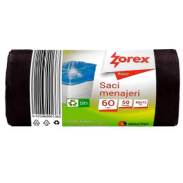 Saci menajeri 60L negri Zorex Basic din HDPE (rola 50 bucati)
