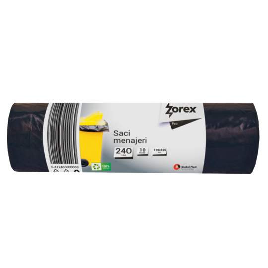 Saci menajeri 240L negri Zorex Pro 110 x 125 cm, 10 bucati pe rola (1 rola)
