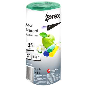 Saci menajeri 35L Zorex Pro verzi, parfum de mar (rola 30 bucati)
