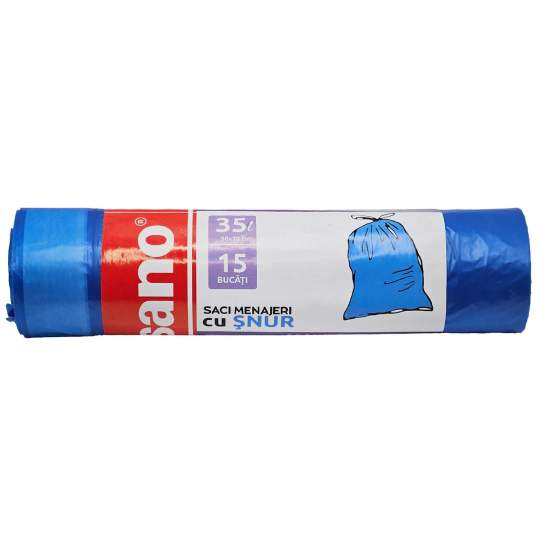Saci menajeri 35L albastri cu snur, rezistenti 50x70cm Sano (rola 15 bucati) Saci menajeri 35L albastri cu snur, rezistenti 50x70cm Sano (rola 15 bucati)