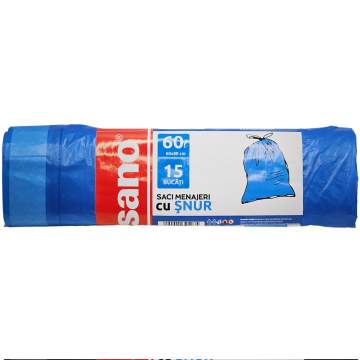 Saci menajeri 60L albastri cu snur, rezistenti 60x80cm Sano (rola 15 bucati)