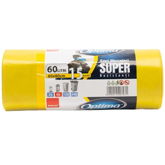Saci menajeri 60L galbeni, rezistenti 60x80cm Sano Optima Super (rola 15 bucati)