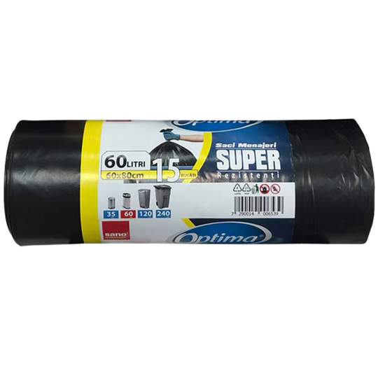 Saci menajeri 60L negri, rezistenti 60x80cm Sano Optima Super (rola 15 bucati)