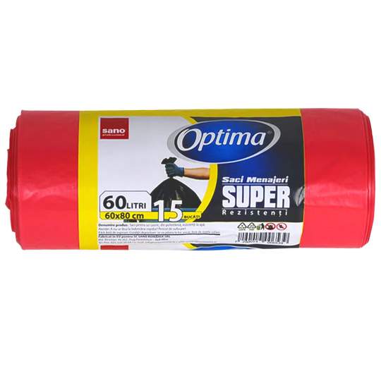 Saci menajeri 60L rosii, rezistenti 60x80cm Sano Optima Super (rola 15 bucati)