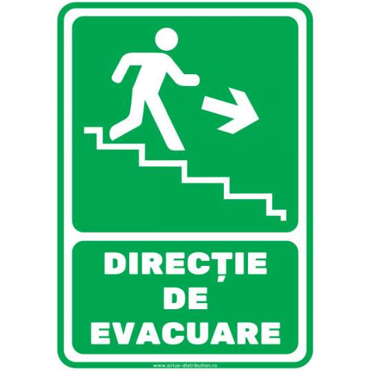 Indicator autocolant - DIRECTIE DE EVACUARE - trepte, jos, dreapta - PVC plastifiat - A4 - 210x297mm (1 buc.)