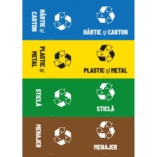 Autocolant colectare selectiva deseuri menajere, 8 bucati pe coala A3