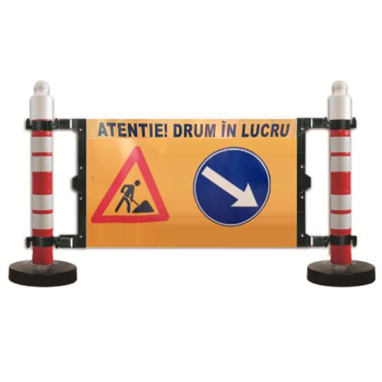 Bariera semnalizare lucrari cu 2 stalpi de 12kg si indicator ocolire dreapta