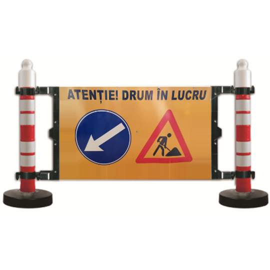 Bariera semnalizare lucrari cu 2 stalpi de 12kg si indicator ocolire stanga