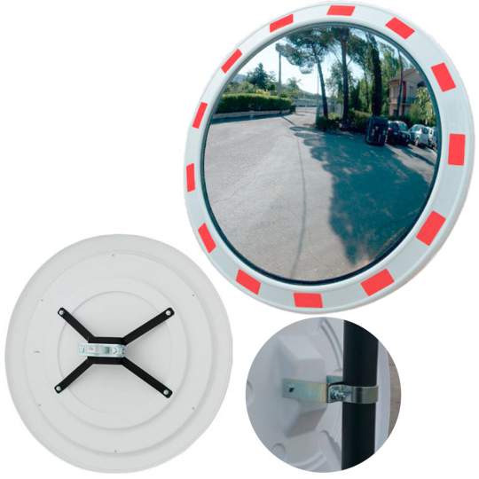 Oglinda trafic rutier circulara convexa 100 cm cu sistem de prindere, alba reflectorizanta