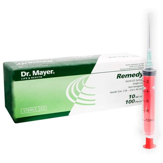 Seringi 10 ml din 3 parti, piston rosu, ac 21G, 0.8 x 40mm, luer-lock - Dr. Mayer (100 bucati)