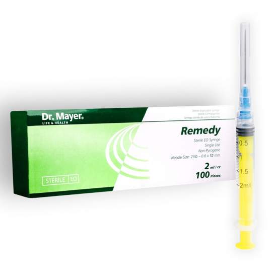 Seringi 2 ml din 3 parti, piston galben, ac 23G, 0.6 x 32mm, luer-lock - Dr. Mayer (100 bucati)