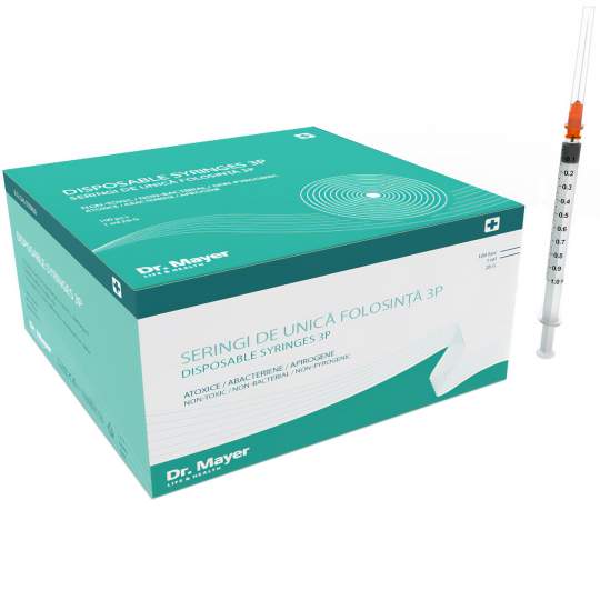 Seringi 1ml cu ac detasabil 26G luer slip din 3 parti sterile (100 bucati)