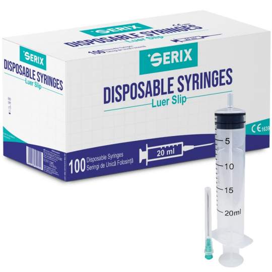 Seringi 20ml ac 21G verde Luer Slip, unica folosinta, sterile - Serix (100 bucati)