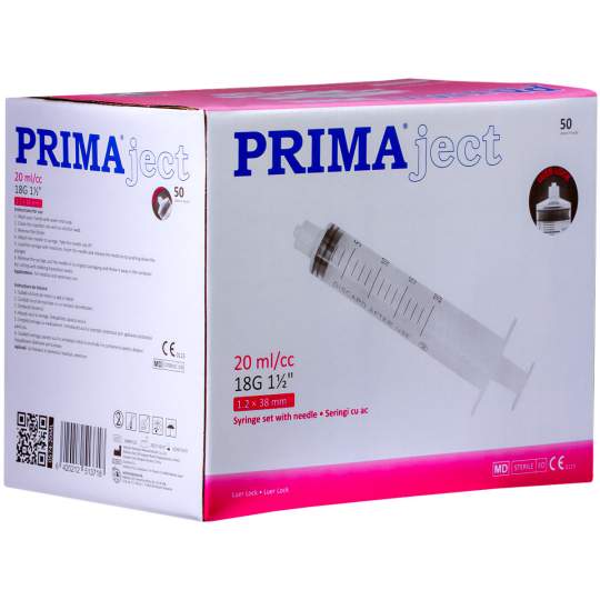 Seringi 20ml ac 18G cu filet Luer Lock, din 3 parti, sterile (50 bucati)
