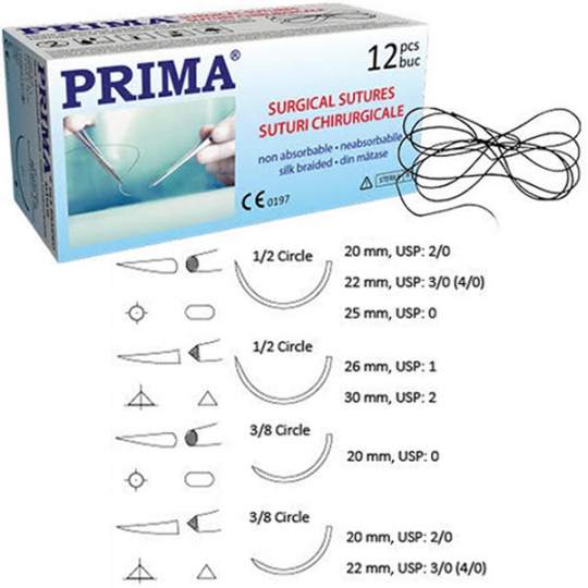 Sutura matase 75cm, ac rotund atraumatic, 1/2 cerc, 25mm, USP 0 (12 bucati)    