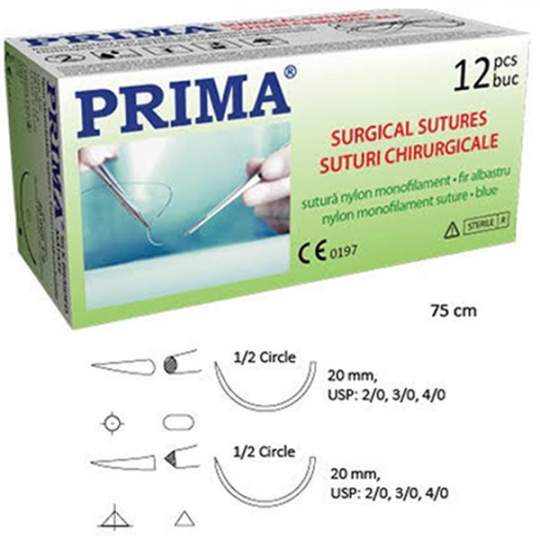 Sutura Nylon Monofilament fir albastru 75cm, ac rotund atraumatic, 1/2 cerc, 20mm, USP 2/0, 3/0, 4/0 (12 bucati)