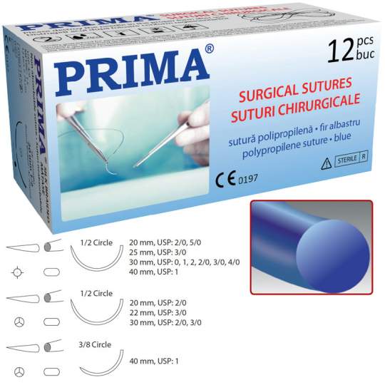 Sutura polypropylene fir albastru 75cm, diametre USP: 3/0-2/0, ac triunghiular taietor 1/2 cerc lungimi: 20-22-30mm, steril EO (12 bucati) Sutura polypropylene fir albastru 75cm, diametre USP: 3/0-2/0, ac triunghiular taietor 1/2 cerc lungimi: 20-22-30mm, steril EO (12 bucati)