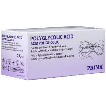 Fir acid poliglicolic resorbabil violet, lungime 150cm, fara ac, cu diametru USP: 2/0, 3/0, 4/0, steril (12 bucati)