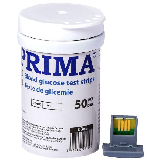 Teste glicemie cu dispozitiv de calibrare pentru glucometru Prima (50 bucati)