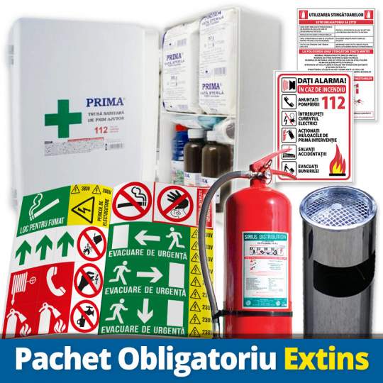Pachet Trusa sanitara prim ajutor fixa + 30 Autocolante obligatorii + Stingator P6 + Cos cu scrumiera
