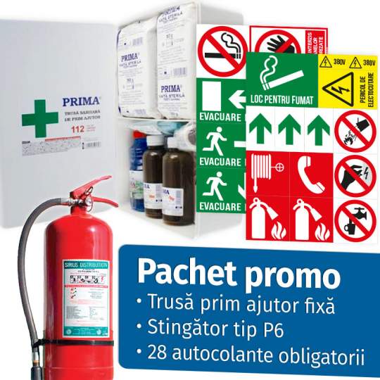 Pachet Trusa sanitara prim ajutor fixa + Stingator P6 + 28 Autocolante obligatorii firme Pachet Trusa sanitara prim ajutor fixa + Stingator P6 + 28 Autocolante obligatorii firme