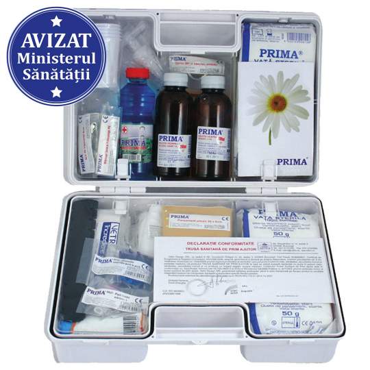 Pachet Trusa sanitara prim ajutor detasabila cu suport perete + 28 autocolante obligatorii + Plan de evacuare omologat complet
