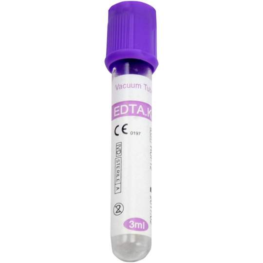 Vacutainer Hematologie, capac violet, cu anticoagulant K3 EDTA, volum aspiratie 3ml, 13x75mm, steril (100 bucati)